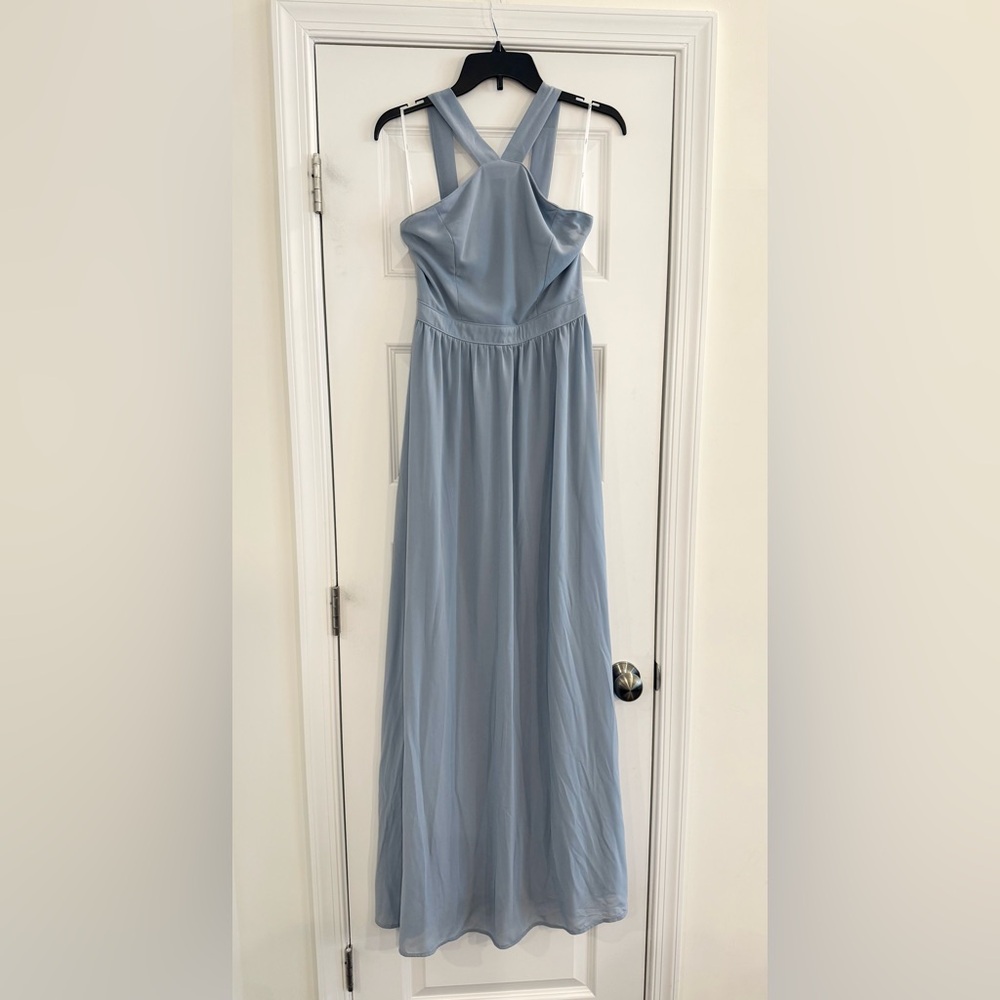 Lulus Dusty Blue Crisscross Halter Maxi Dress NWT Bridesmaid Wedding Formal M